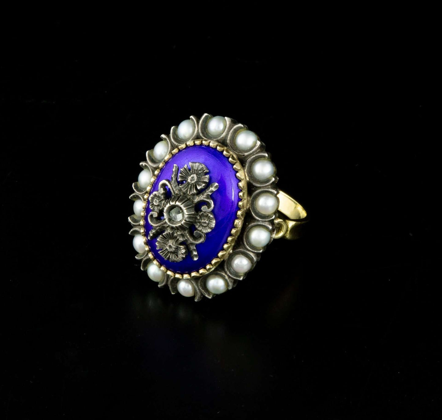 Anillo en oro amarillo y plata con esmalte azul y perlas "cielo estrellado"