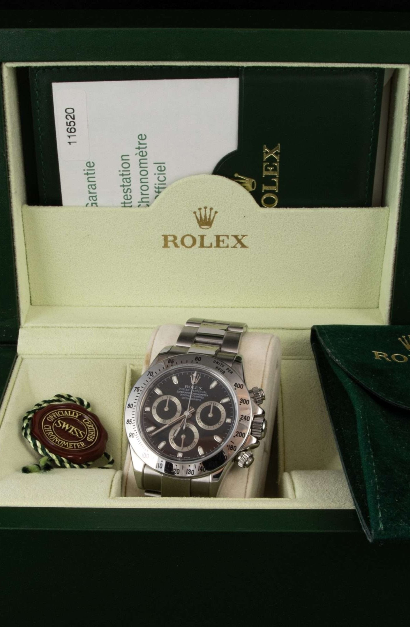 Rolex Oyster Perpetual Daytona Automático, cronógrafo en acero, 40 mm. Caja y documentación.