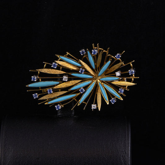 Broche oro amarillo, brillantes, zafiros y turquesas.