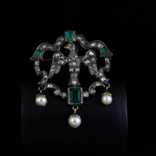 Broche plata diamantes perlas y esmeraldas. Finales s. XIX