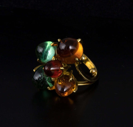 Anillo en oro con turmalina verde, citrino y turmalina roja