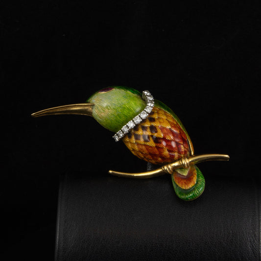 Broche en forma de colibrí con rubís y diamantes 10*0.10 qts.