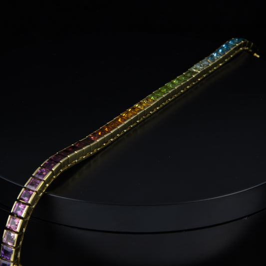 Riviere rainbow, topacios, amatistas, granates, citrinos y aguamarinas, talla princesa 43 x 0,23 qts.