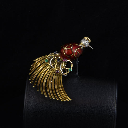 Broche oro amarillo esmalte con forma de faisán.