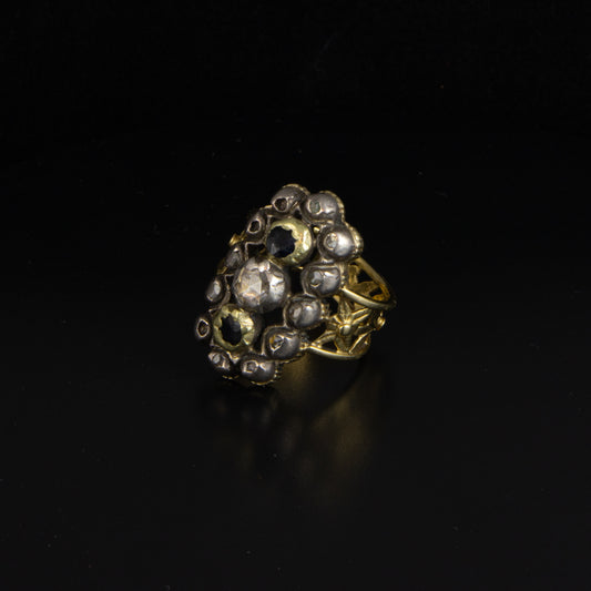 Anillo oro amarillo, plata y diamante.