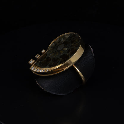 Anillo en oro amarillo con gema fosilizada y brillantes.